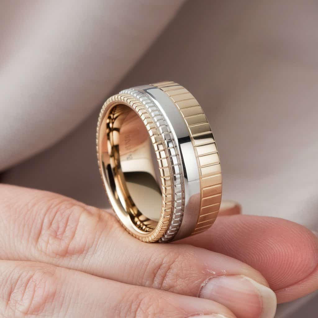 Close-up of a sophisticated two-tone men's white gold wedding band, featuring a combination of white and yellow gold stripes.