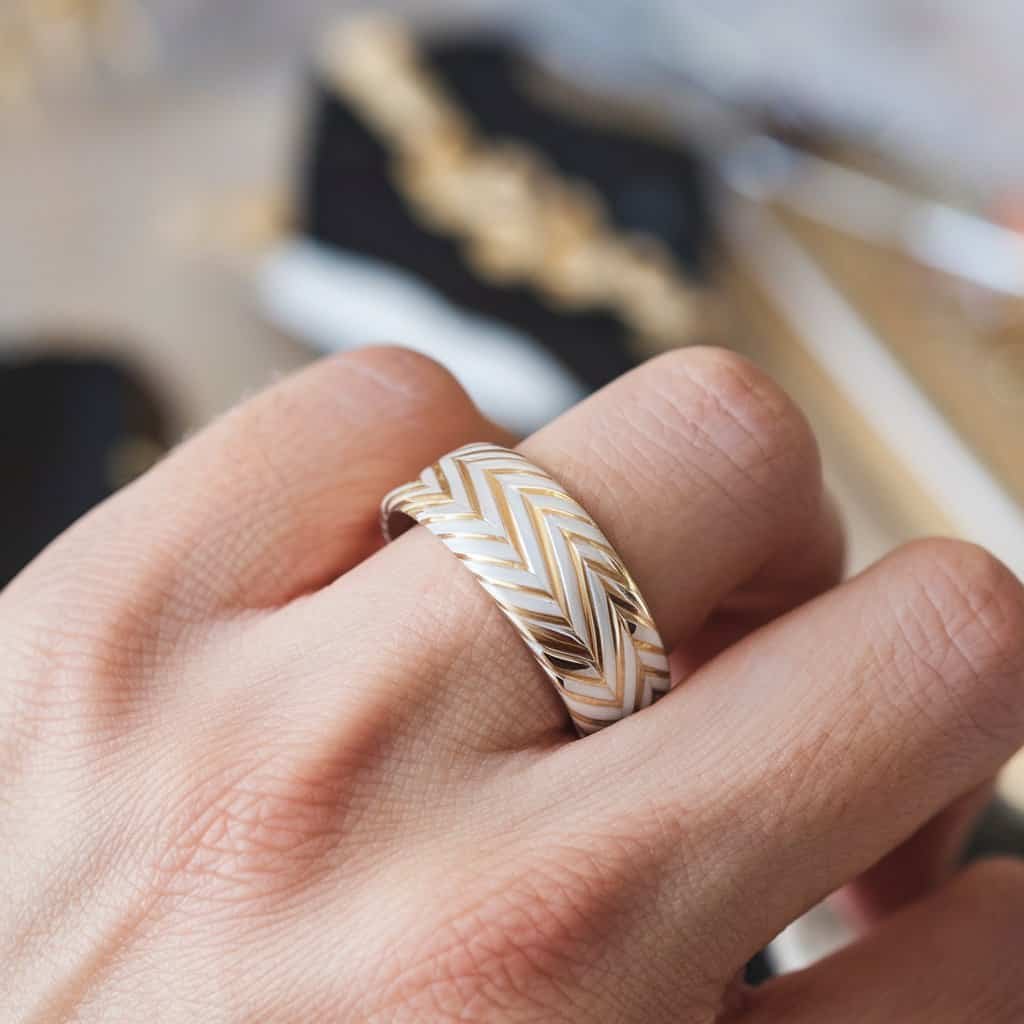 A stylish men's white gold wedding band with yellow gold accents, offering a perfect blend of contemporary and classic design.