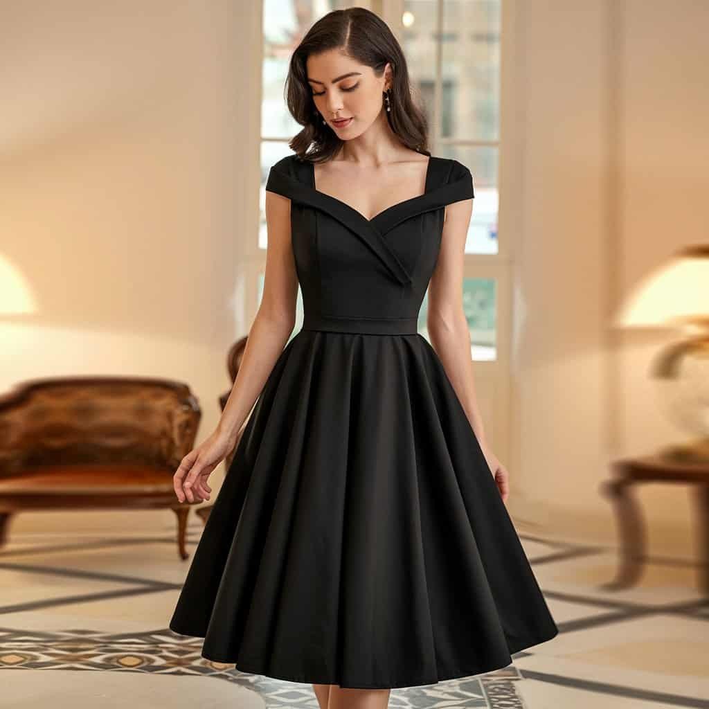 Black Wedding Guest Dresses: Classic Tea-Length Dress with Retro Vibes – A stylish black tea-length dress featuring retro vibes and a flattering silhouette, perfect for a chic wedding guest look.