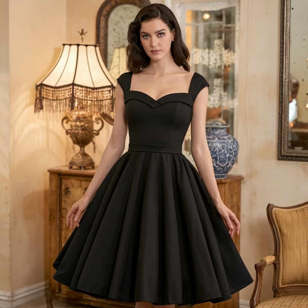 Black Wedding Guest Dresses: Vintage-Inspired Tea-Length Dress with Full Skirt – A vintage-inspired black tea-length wedding guest dress with a full skirt, ideal for a fun yet sophisticated wedding celebration.