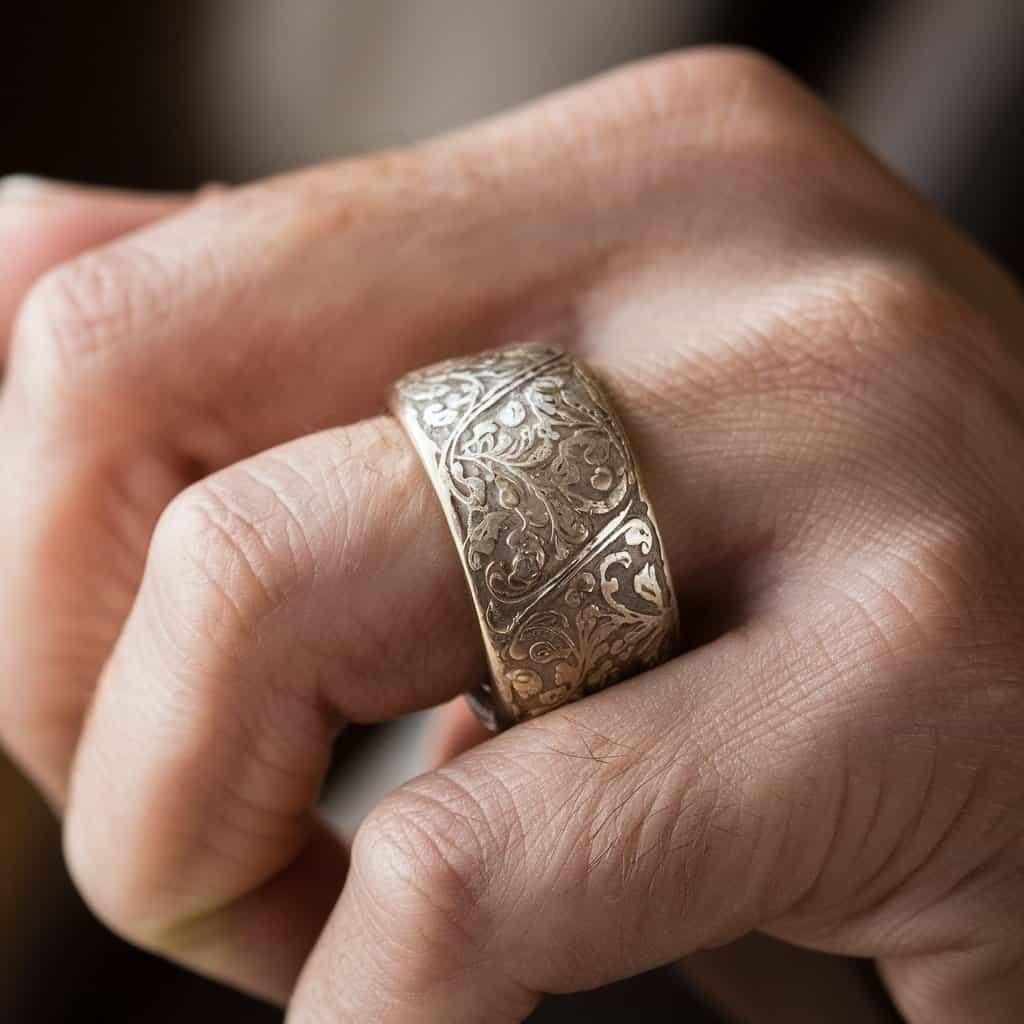 Men's white gold wedding band with delicate vintage patterns, perfect for those who appreciate craftsmanship and tradition.