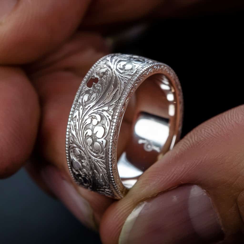 Close-up of a vintage-inspired men's white gold wedding band featuring detailed engravings for a classic, elegant look.