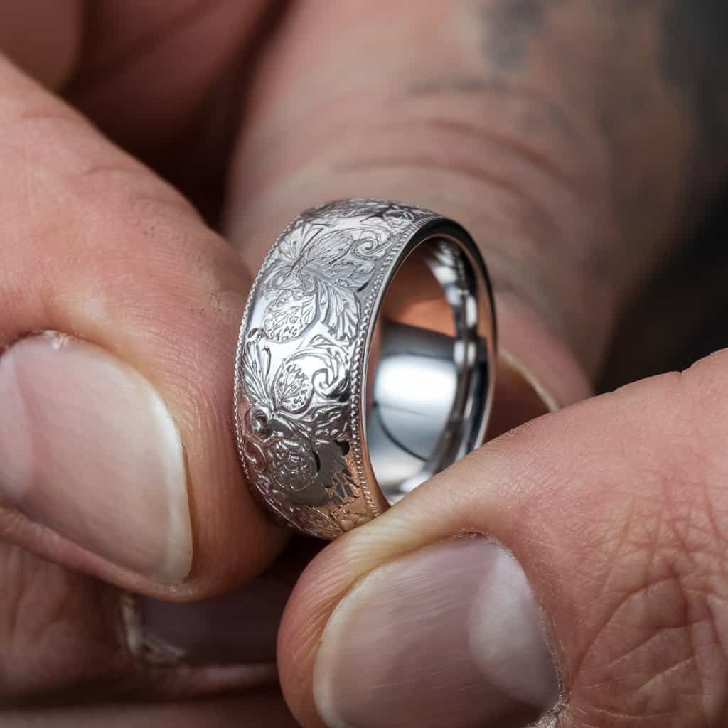 A man's hand showing a vintage-style men's white gold wedding band with intricate engravings for a timeless, sophisticated look.