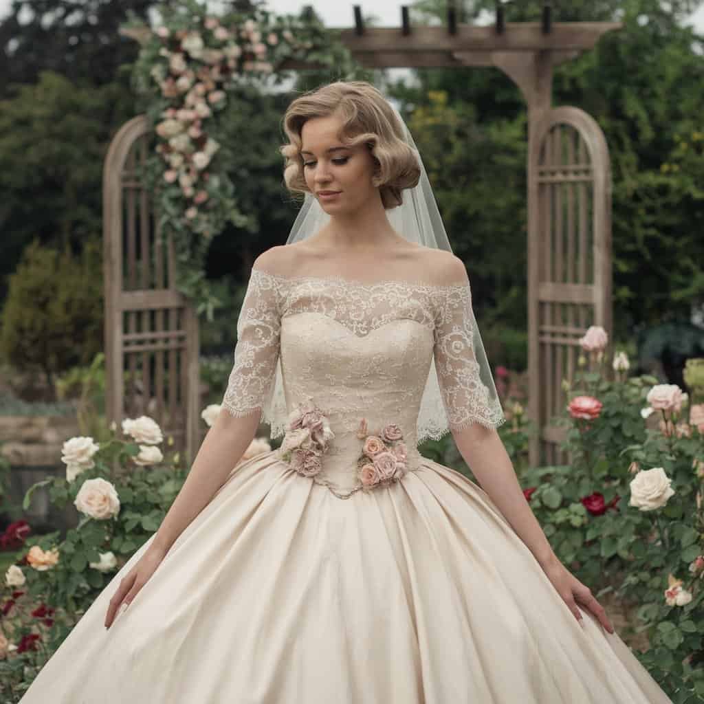 Gorgeous off-the-shoulder gown adorned with vintage lace, capturing the essence of elegance and historical charm