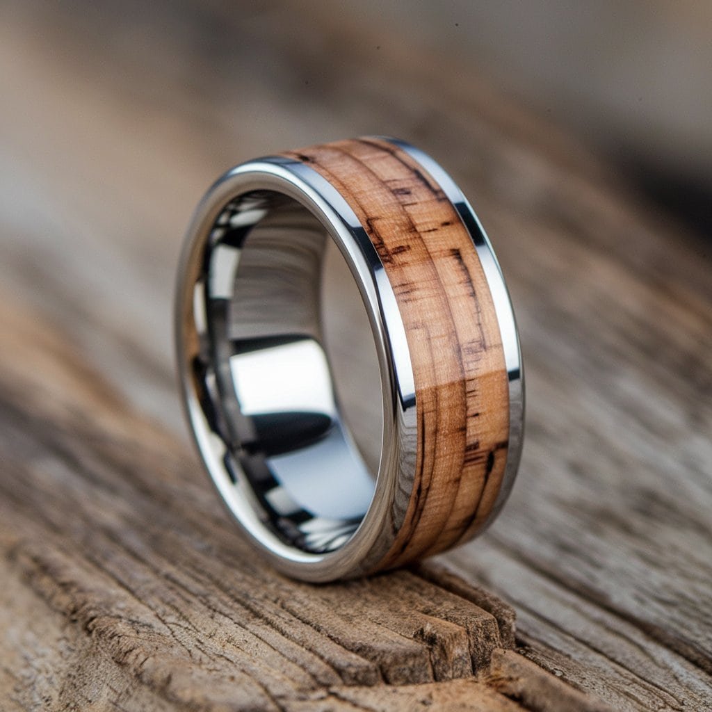 Unique men’s white gold wedding band with wood inlay, blending natural wood elements with the sleek elegance of white gold.