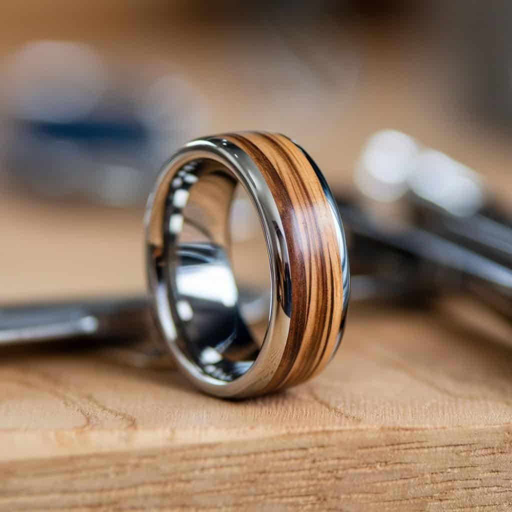 A men's white gold wedding band featuring a wood inlay, combining the warmth of natural wood with the cool shine of white gold.