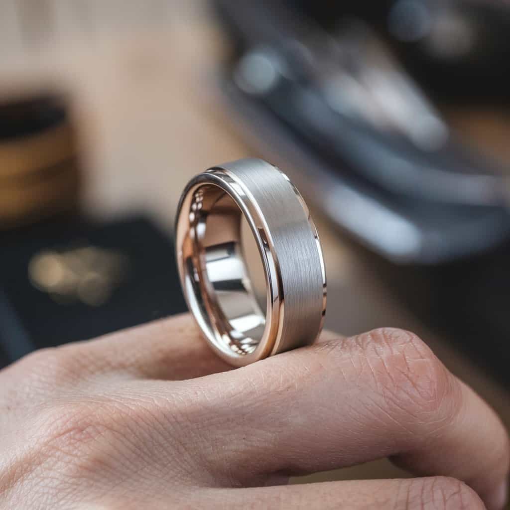 A matte finish men's white gold wedding band with polished edges, reflecting a clean, sophisticated design.