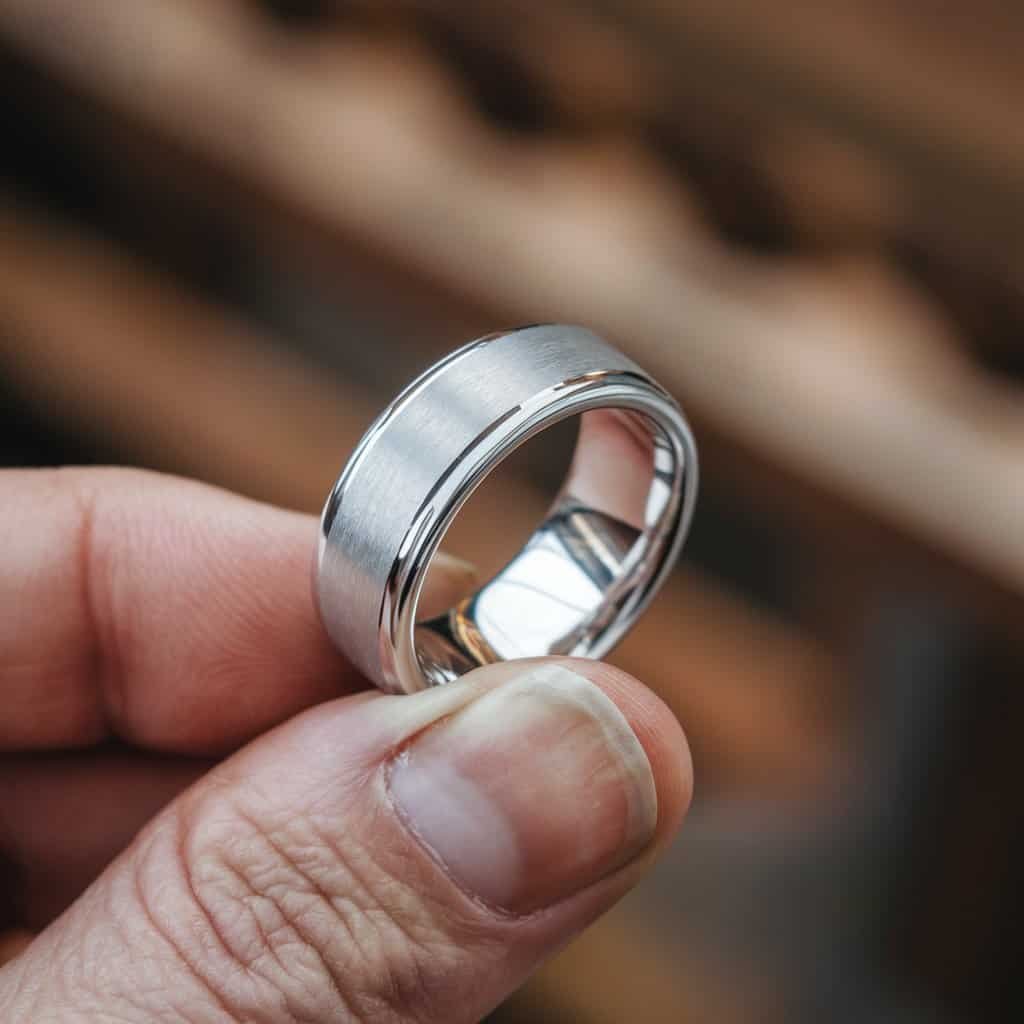Close-up of a men's white gold wedding band with a sleek matte finish and polished edges for a contemporary, minimalist look.
