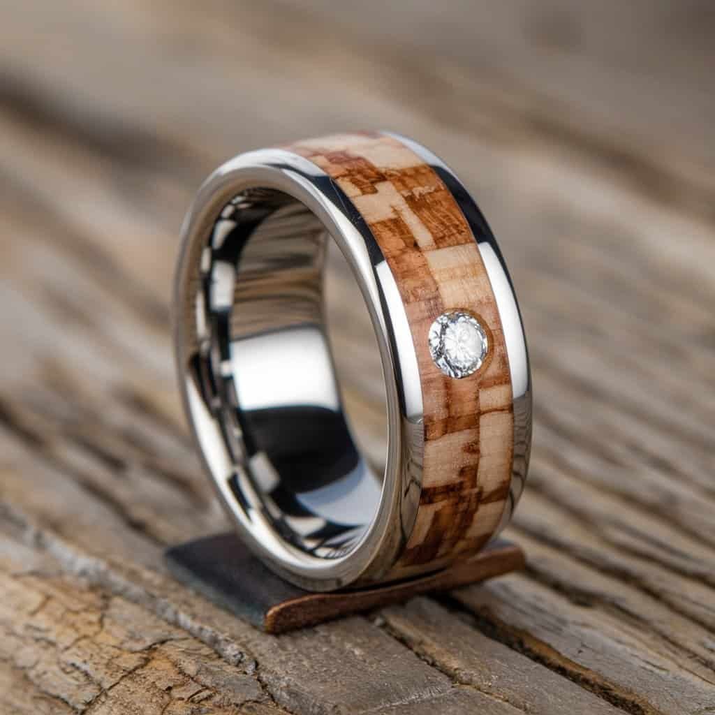 Close-up of a men's white gold wedding band with a teak or koa wood inlay, offering a rustic, nature-inspired design.