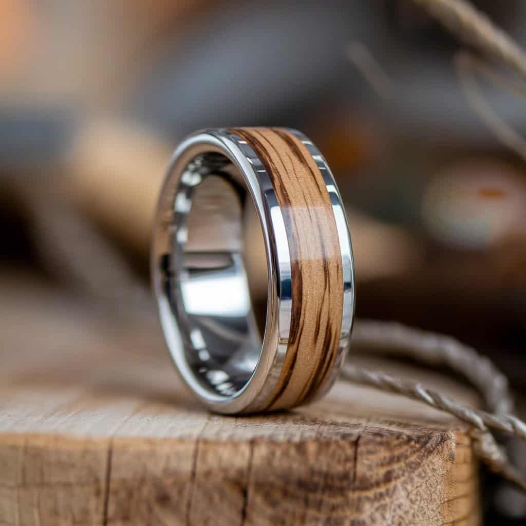 Men's white gold wedding band with wood inlay, perfect for the groom who appreciates both nature and refined craftsmanship.