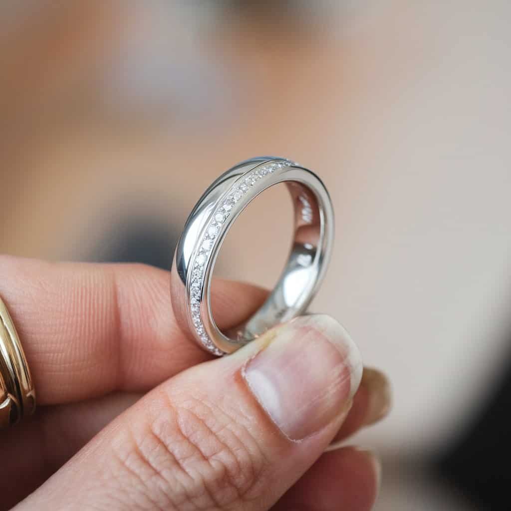 Elegant men's white gold wedding band featuring channel-set diamonds, offering a smooth, refined look with subtle sparkle.