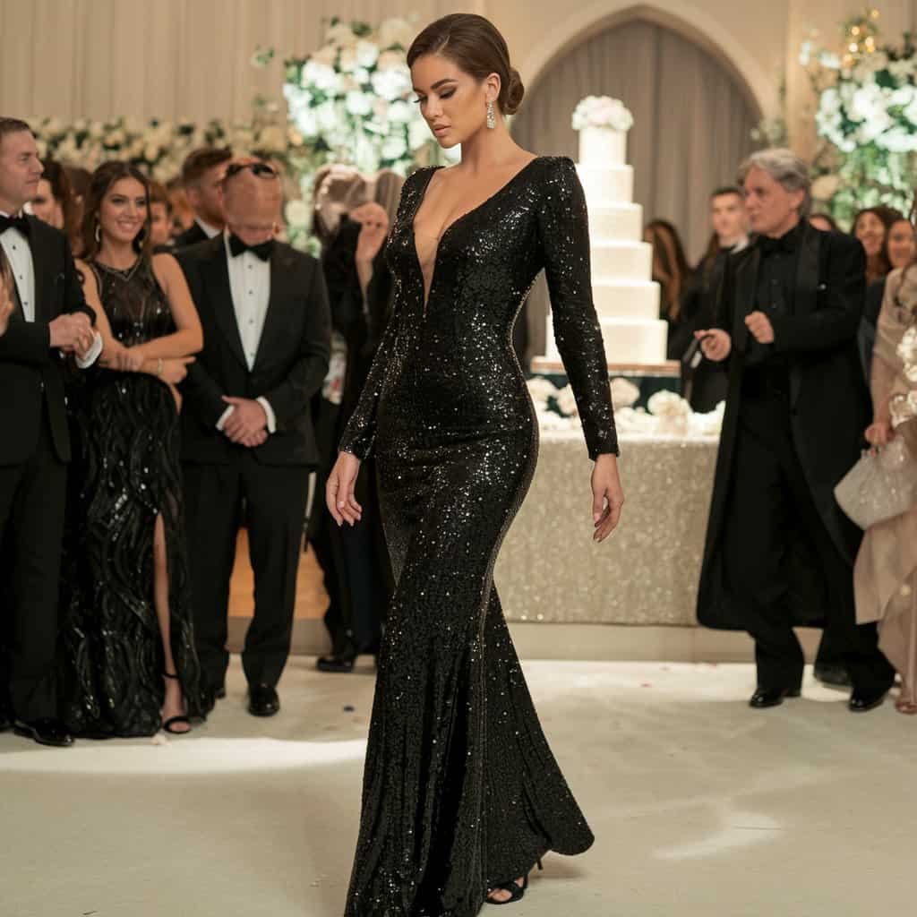 Black Wedding Guest Dresses: Sequin Gown with Sleek, Fitted Design – A sleek, fitted black sequin gown for a chic and elegant wedding guest look with plenty of sparkle.