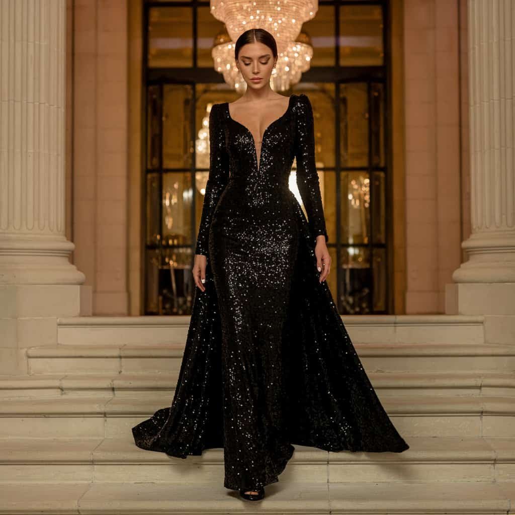 Black Wedding Guest Dresses: Sequin Gown with Deep V-Neckline – A dazzling black sequin gown featuring a deep V-neckline, offering a sophisticated yet daring wedding guest look.