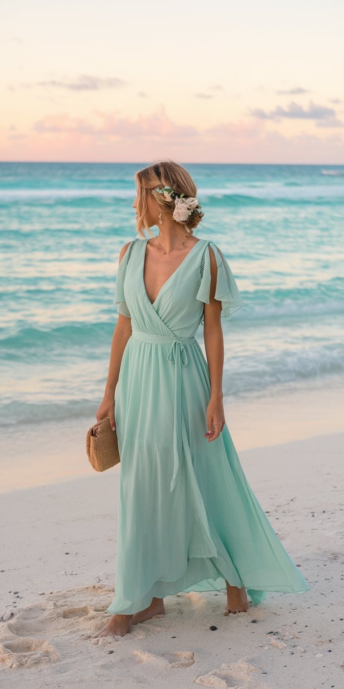 A jade green wrap dress with a floral print and flutter sleeves, styled for casual yet elegant outdoor wedding settings.

