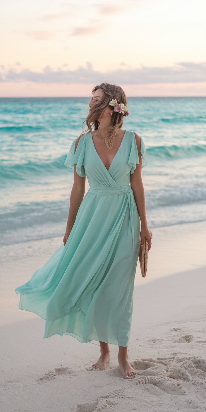 A lightweight mint green chiffon dress with a wrap-style design and flutter sleeves, perfect for sunny beach weddings.

