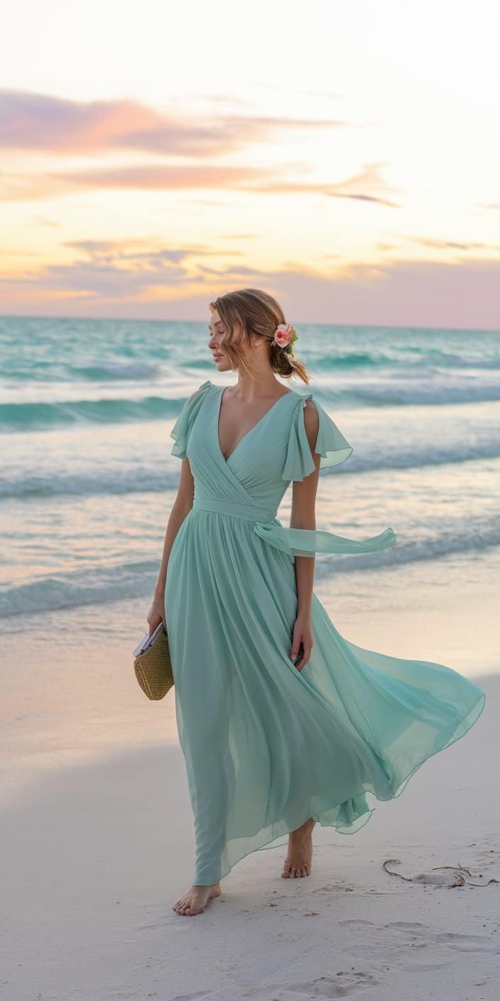 A luxurious sage green silk maxi dress with a plunging neckline and delicate straps, ideal for a breezy garden wedding.

