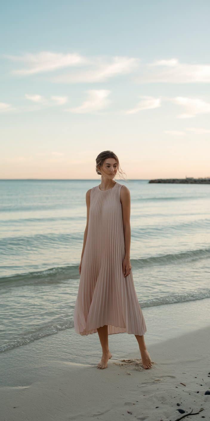Sleek sleeveless pleated midi dress, ideal beach wedding guest attire.