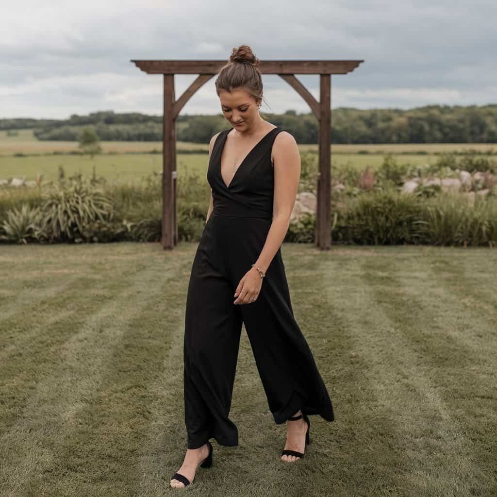 Black Wedding Guest Dresses: Jumpsuit with Dramatic Sleeves for a Bold Look – A black wedding guest jumpsuit with dramatic sleeves, perfect for making a statement while maintaining comfort and style.
