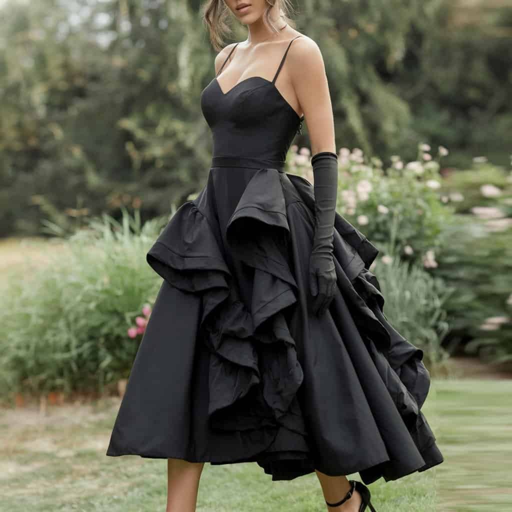 Black Wedding Guest Dresses: Ruffle Midi Dress with V-Neckline for Sophistication – A sophisticated black midi dress with a V-neckline and ruffle detailing, offering a chic wedding guest look.