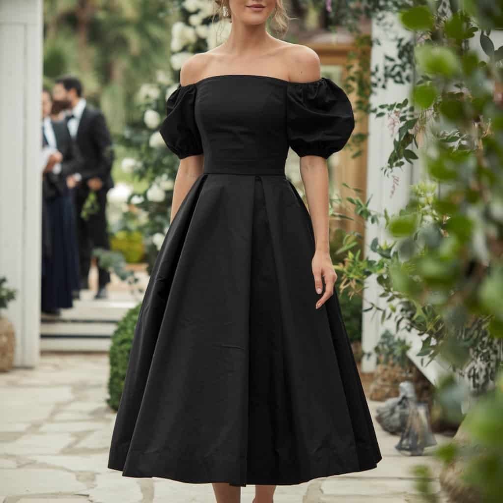 Black Wedding Guest Dresses: Timeless Off-Shoulder Charm for Wedding Celebrations – A timeless off-shoulder charm black wedding guest dress, ideal for formal or semi-formal wedding occasions.