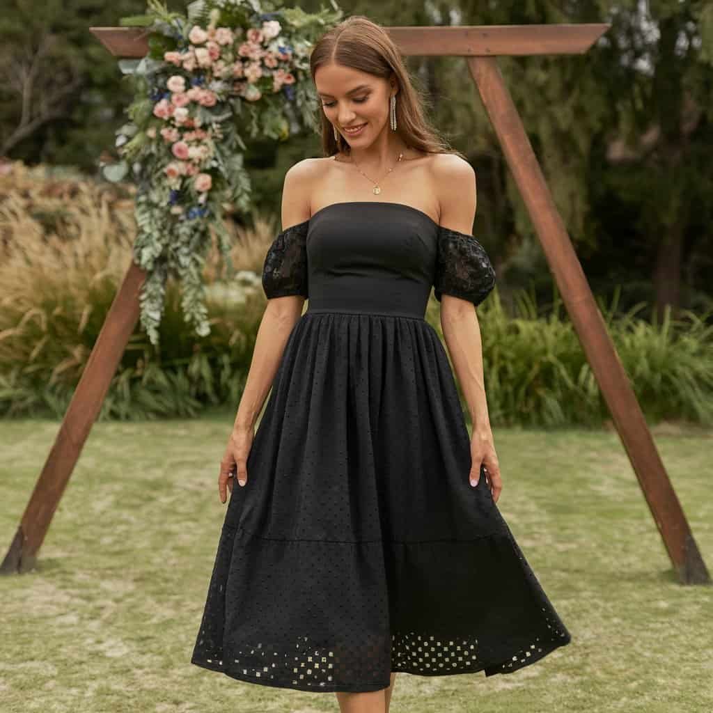 Black Wedding Guest Dresses: Off-Shoulder Dress with Soft Draping – A stylish off-shoulder black wedding guest dress with soft draping fabric for a flattering and chic look.