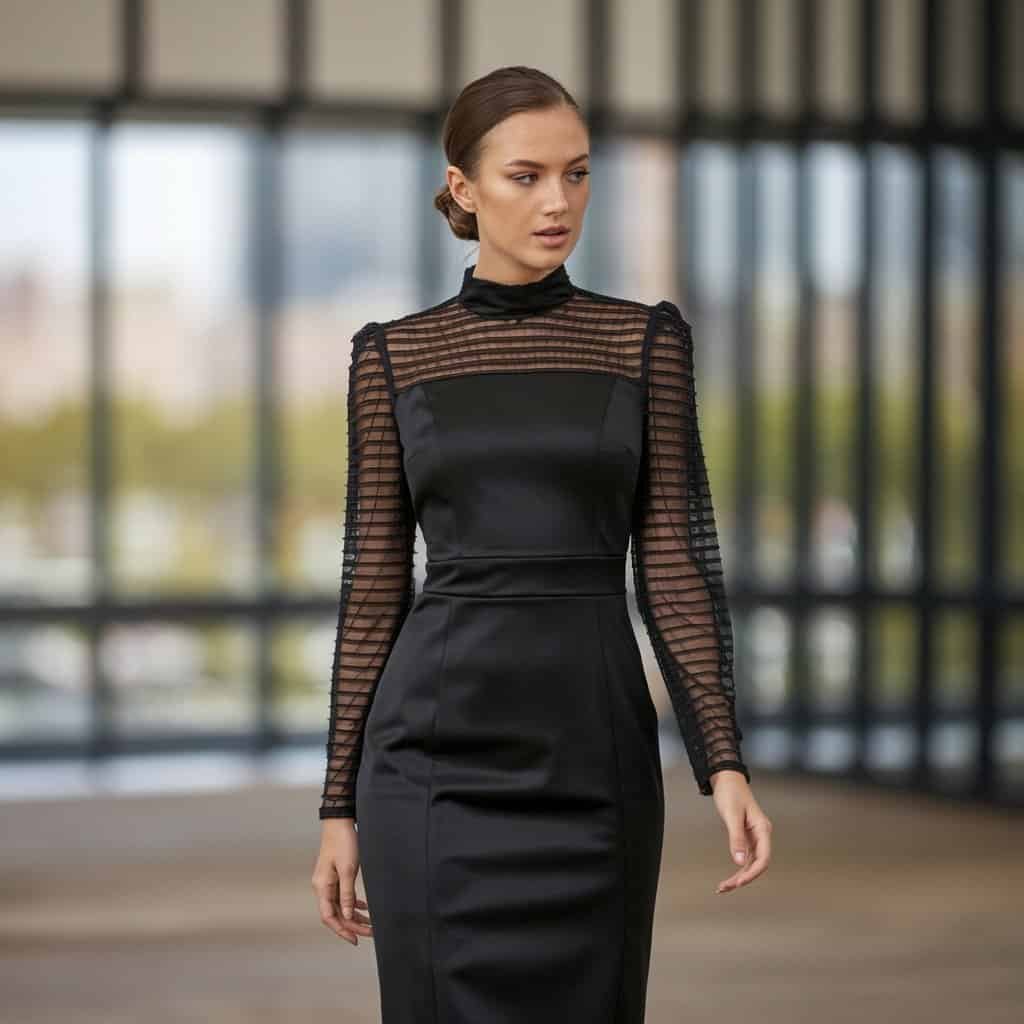 Black Wedding Guest Dresses: Slim Fit Sheath Dress with Subtle Design – A simple yet sophisticated black sheath dress for wedding guests who want to make a statement with minimal design.
