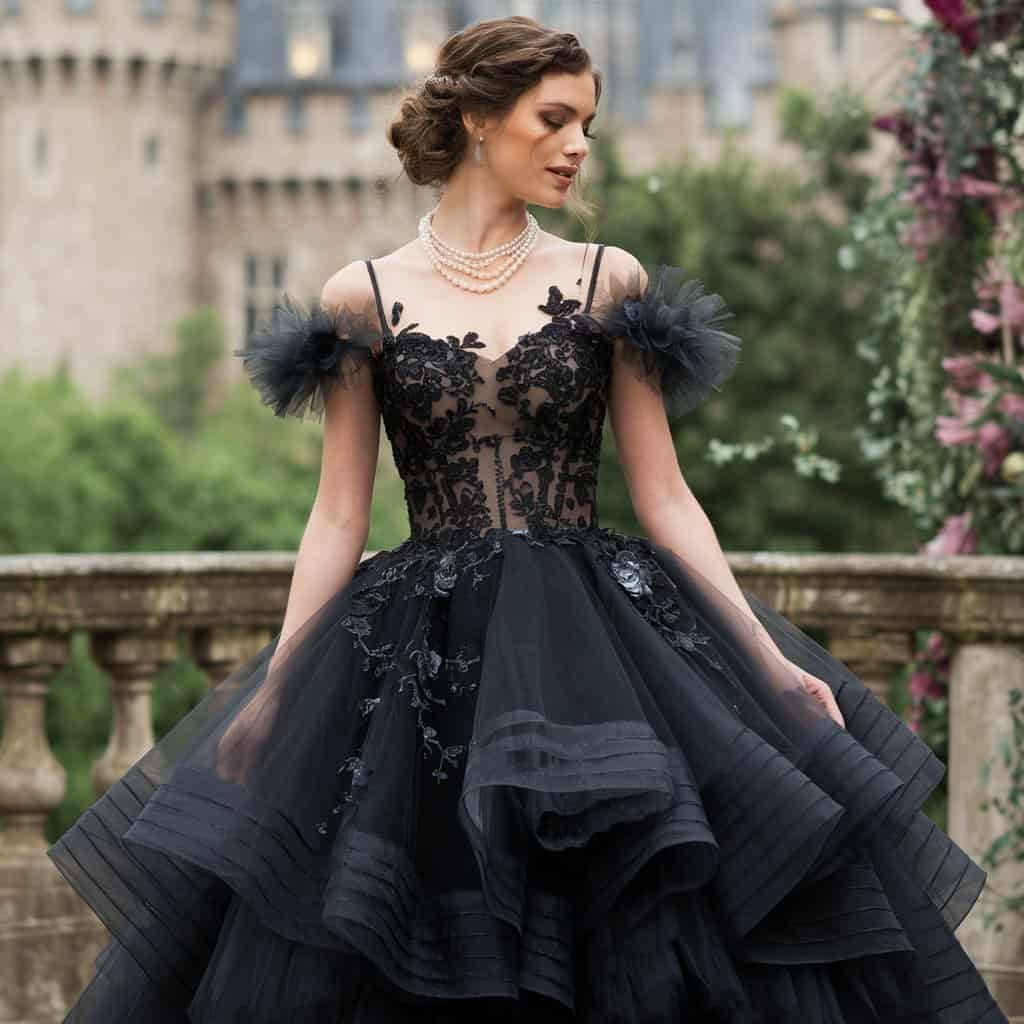 Black Wedding Guest Dresses: Tulle Ball Gown with Off-Shoulder Style – A black tulle ball gown with an off-shoulder style, combining romance and sophistication for a wedding guest dress.