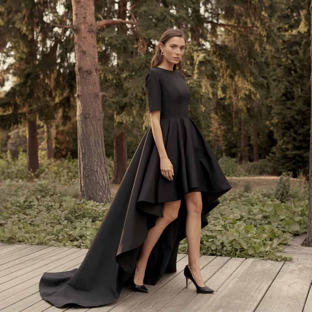 Black Wedding Guest Dresses: High-Low Hem Dress with A-Line Shape – A black high-low hem wedding guest dress featuring an A-line shape for a flattering and balanced design.