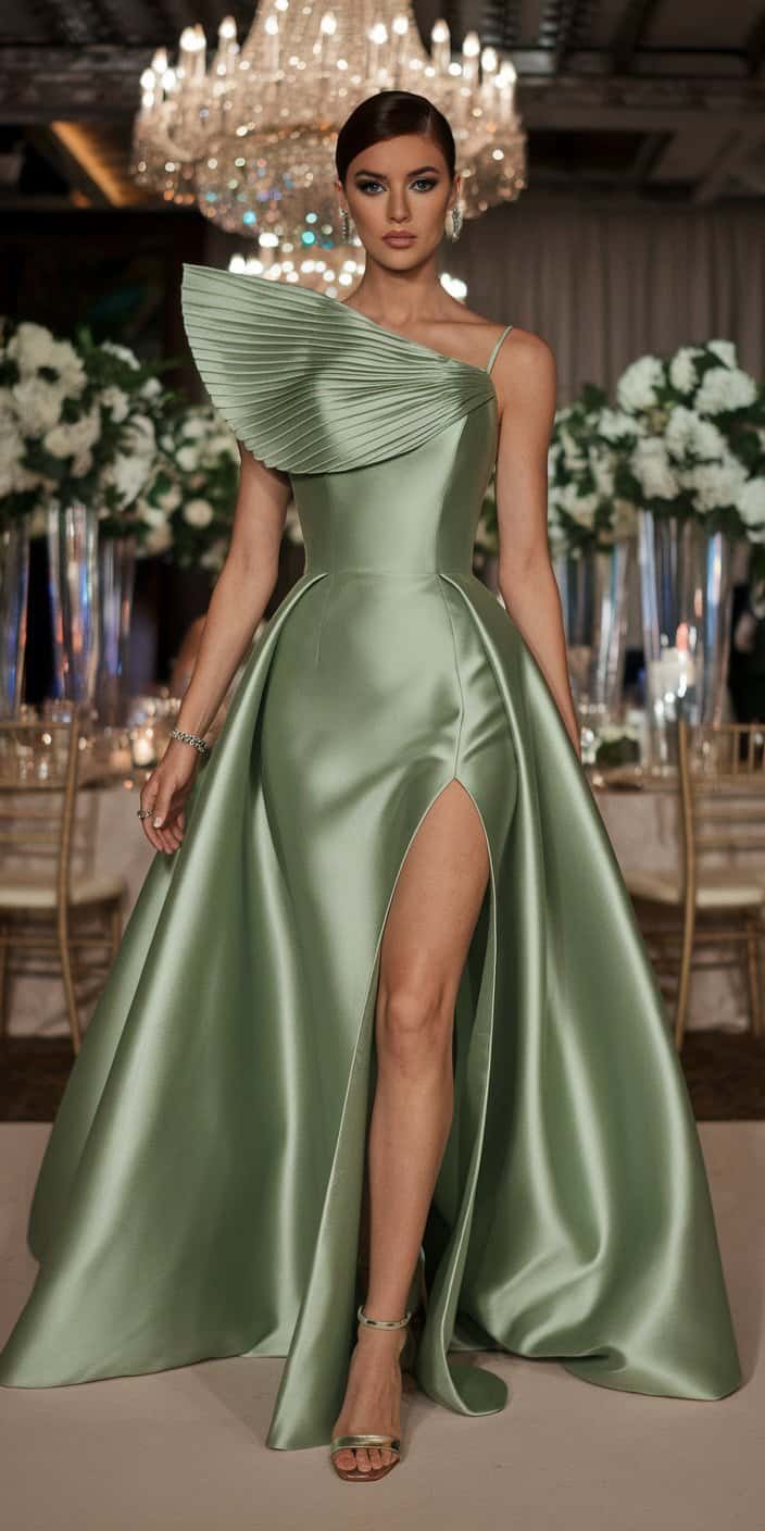 A hunter green floor-length gown with intricate beadwork on the bodice and a fishtail hemline, perfect for formal evening celebrations.

