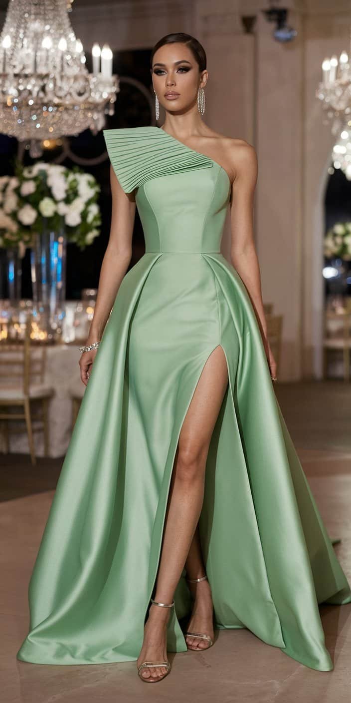 A fitted emerald green mermaid gown with an elegant train and a sweetheart neckline, ideal for making a grand entrance at formal evening receptions.

