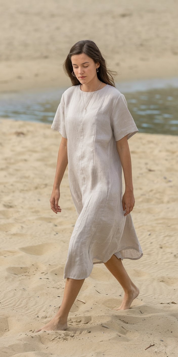 Comfortable and breathable linen shift beach wedding guest dress.