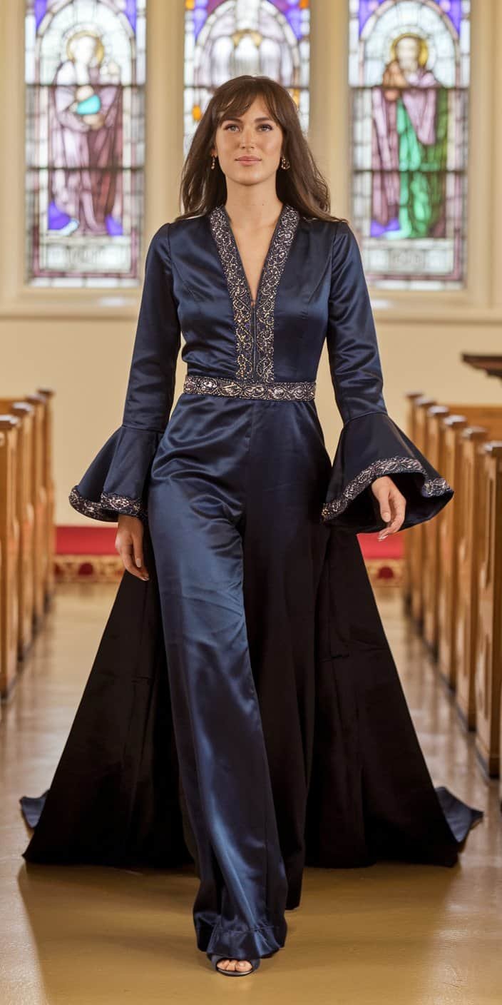 Vintage glamour jumpsuit wedding dress with flared sleeves and pant legs for a 70s bridal vibe