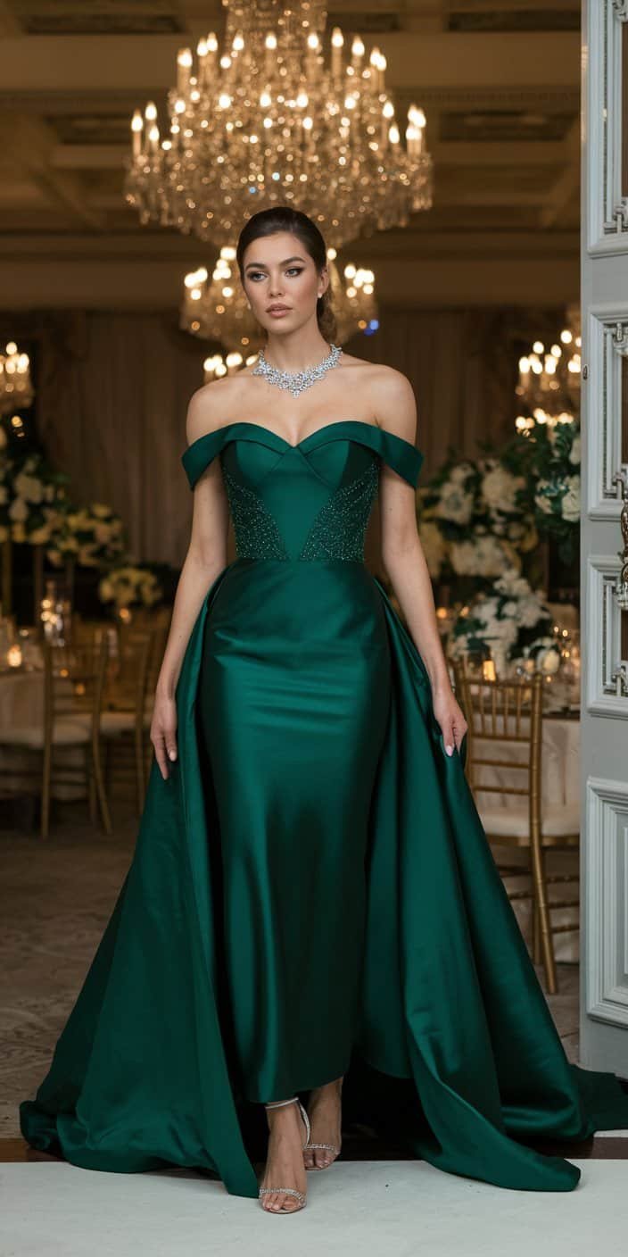 An emerald green jumpsuit with a tailored fit and wide-leg pants, paired with gold accessories for a sleek and modern wedding look.