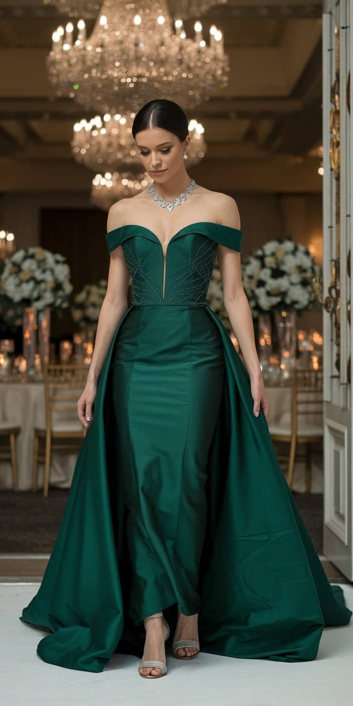 A glamorous emerald green gown with a one-shoulder design and a sweeping train. This dress sparkles under chandelier lights, making it a show-stopping option for formal evening weddings.
