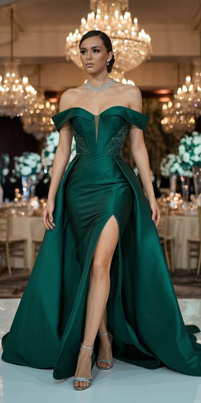A dazzling emerald green midi dress featuring subtle sequin accents. The fitted silhouette is perfect for making a bold statement at evening receptions.