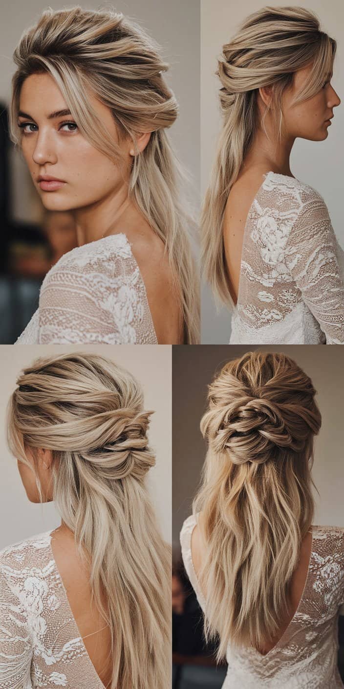 Modern Textured Half-Up Side Profile: Side view showcasing textured lengths and height, a trendy wedding guest hairstyle.


