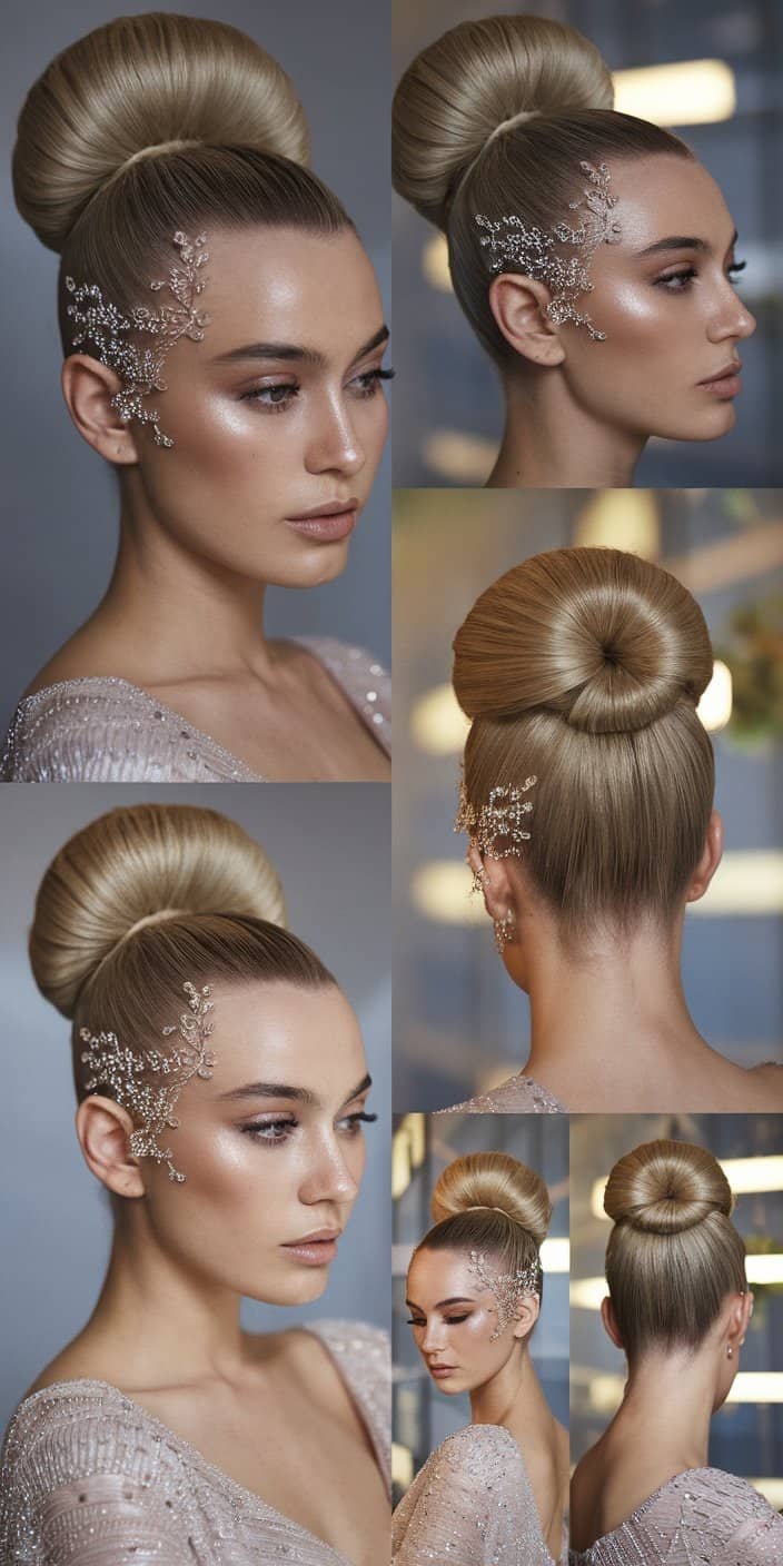 Sophisticated wedding guest hairstyle featuring a smooth high bun for formal occasions