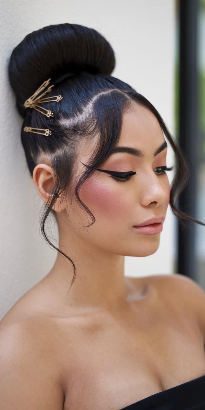 Elegant wedding guest hairstyle showcasing a refined high bun with loose pieces