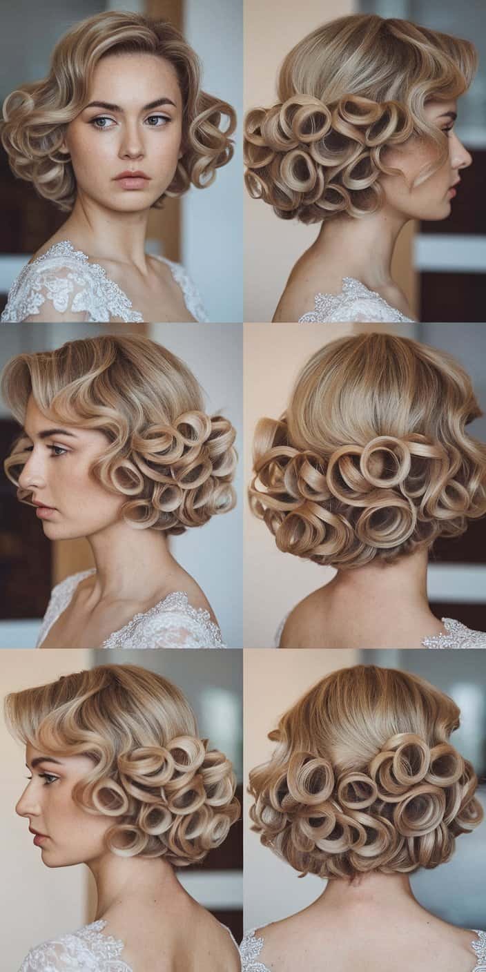 Side-Swept Cascading Curls Back View: Back view of cascading curls, a stunning choice for wedding guest hairstyles.