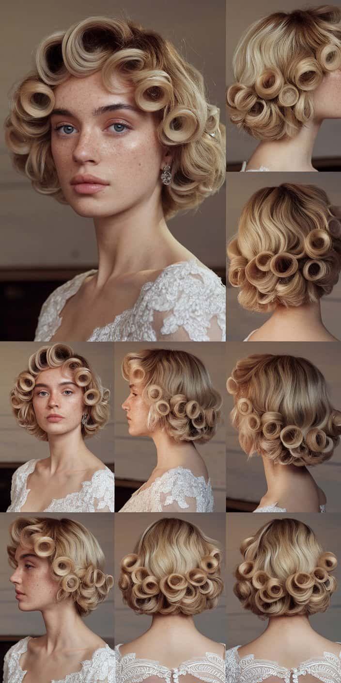 Side-Swept Cascading Curls Side Profile: Side view emphasizing curl patterns and sweep direction, a chic wedding guest hairstyle.

