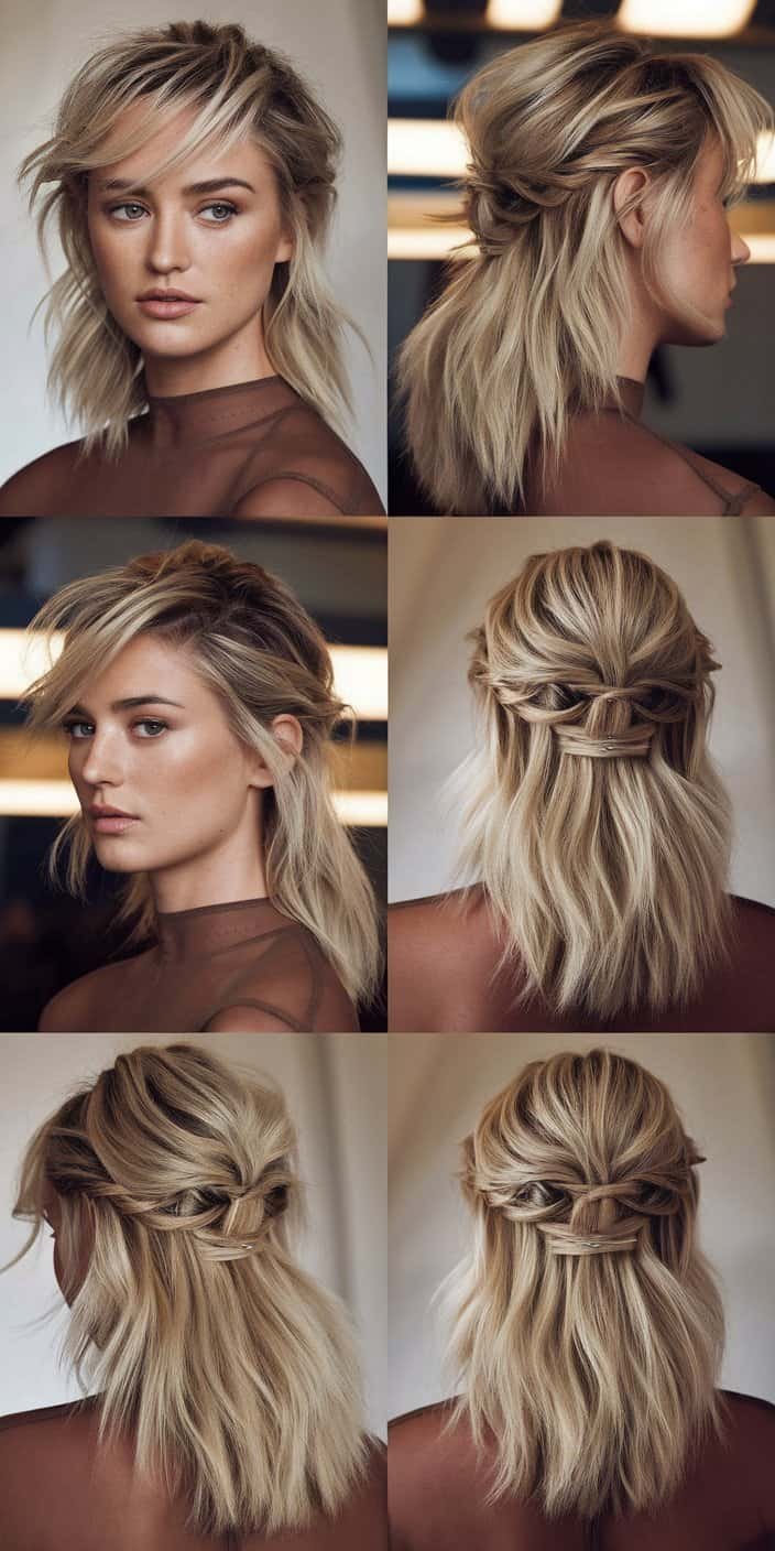 Pixie with Decorative Clips Front View: Pixie cut with decorative clips and textured styling, a chic wedding guest hairstyle.

