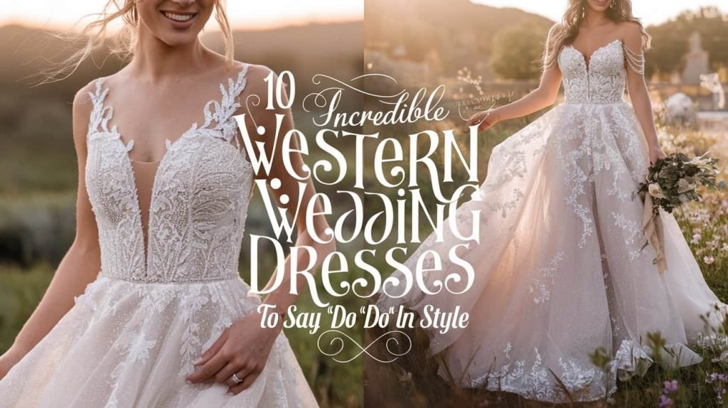 A stunning bride in a flowing Western wedding dresses, showcasing intricate lace and delicate details, set against a rustic outdoor backdrop for a perfect countryside wedding.