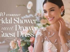 Bridal Shower Guest Dress with intricate lace and floral accents, styled for a chic and romantic bridal shower celebration