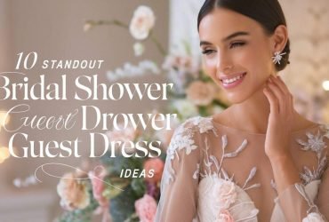 Bridal Shower Guest Dress with intricate lace and floral accents, styled for a chic and romantic bridal shower celebration