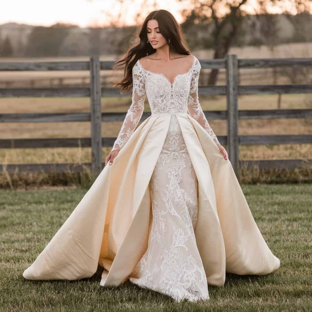 Timeless Lace and Satin Western wedding gown with soft lace bodice and flowing satin skirt, ideal for formal outdoor weddings.