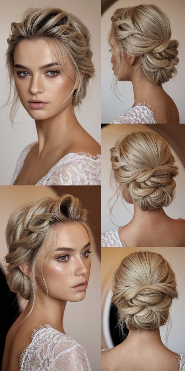 Timeless wedding guest hairstyle displaying a polished French twist with face-framing pieces