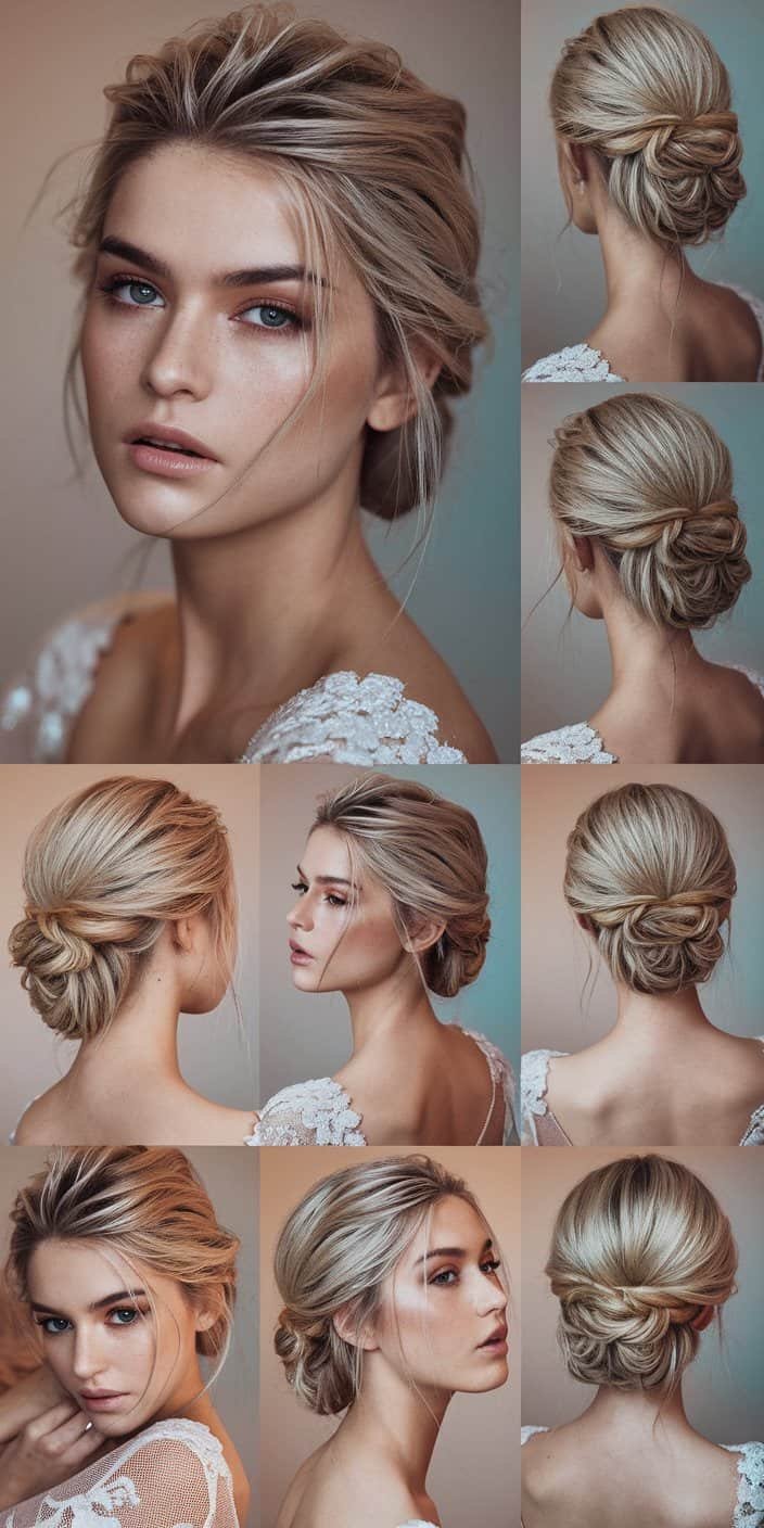 Elegant wedding guest hairstyle featuring a modern French twist with loose tendrils at a formal evening reception