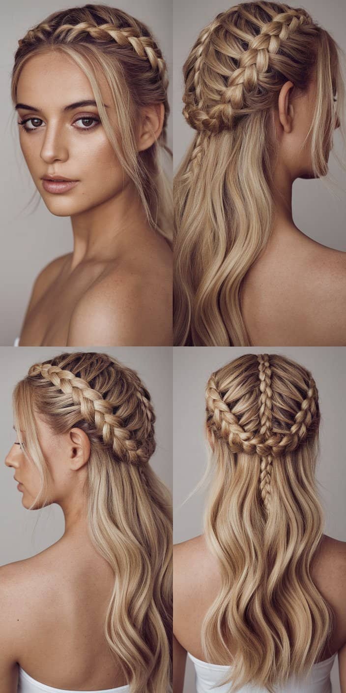 Braided Half-Up Style Back View: Back view of a braid-to-loose-hair transition, a chic wedding guest hairstyle.

