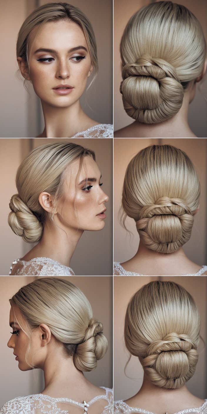 Classic wedding guest hairstyle featuring a romantic low chignon with subtle volume