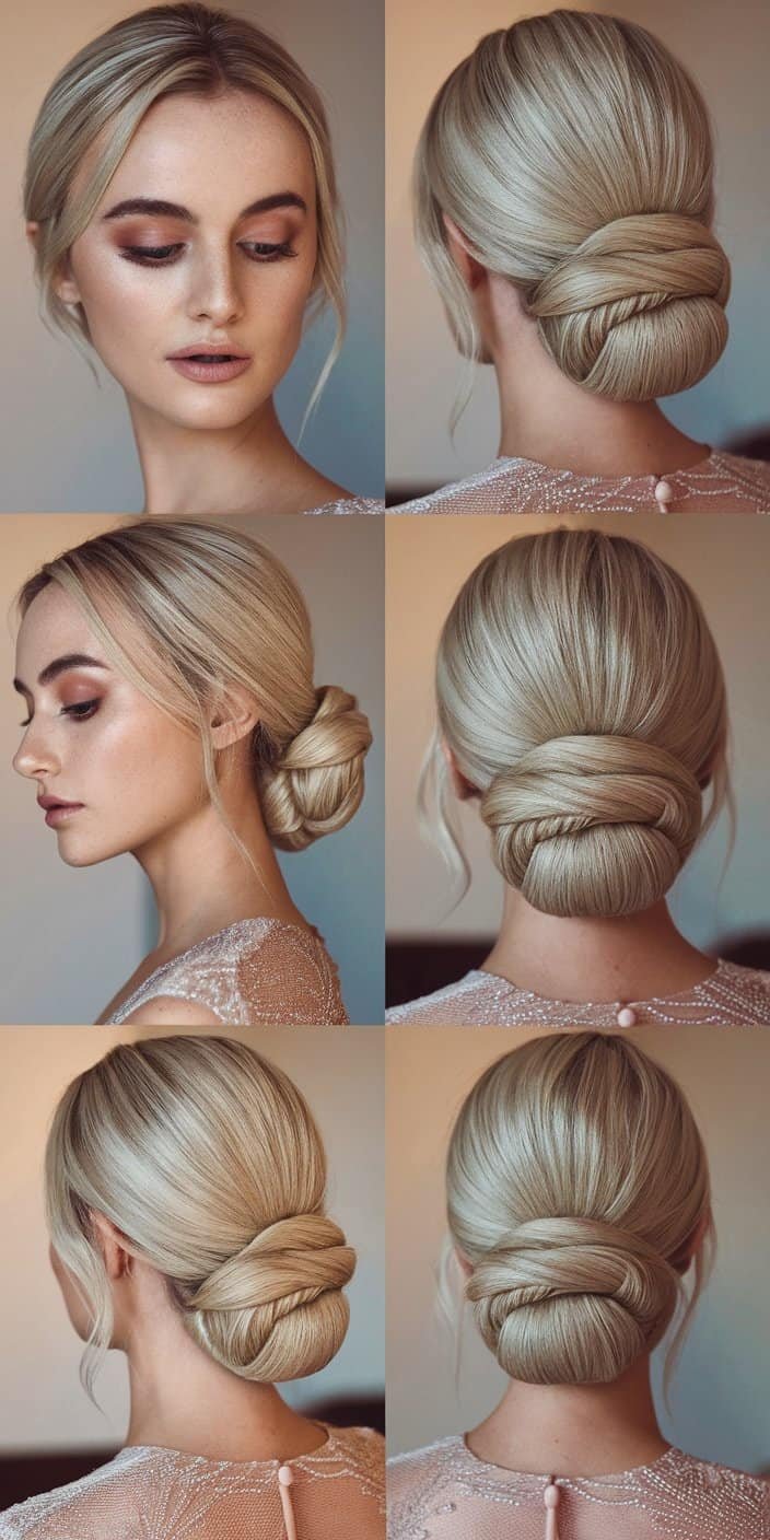 Refined wedding guest hairstyle presenting a sleek low chignon suitable for black-tie ceremonies